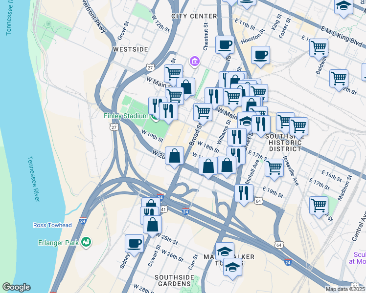 map of restaurants, bars, coffee shops, grocery stores, and more near 423 West 20th Street in Chattanooga