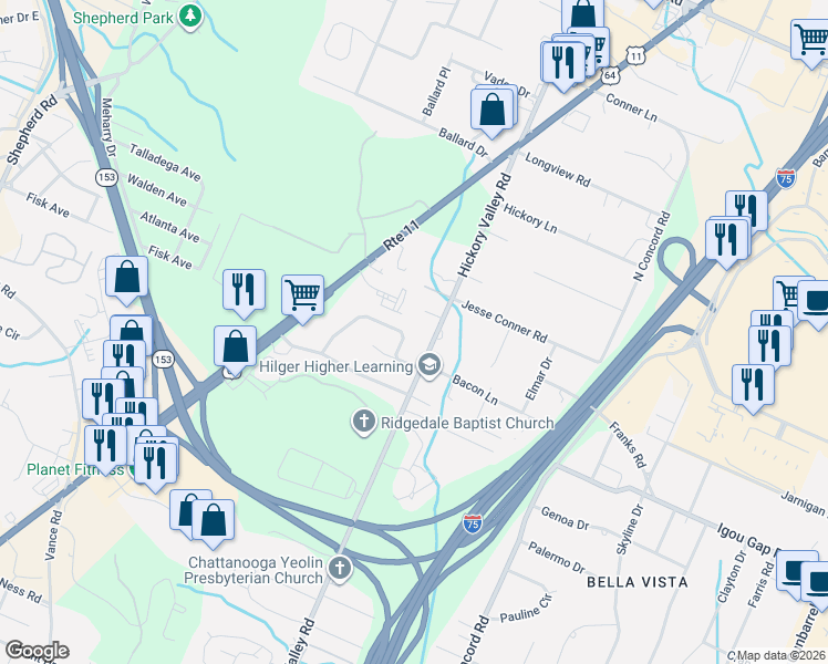 map of restaurants, bars, coffee shops, grocery stores, and more near 1909 Hickory Valley Road in Chattanooga