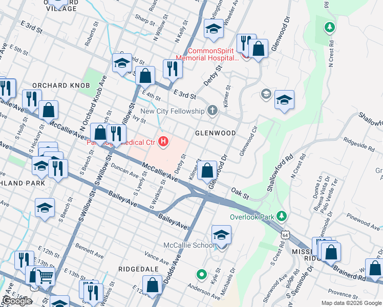 map of restaurants, bars, coffee shops, grocery stores, and more near 2502 Vine Street in Chattanooga