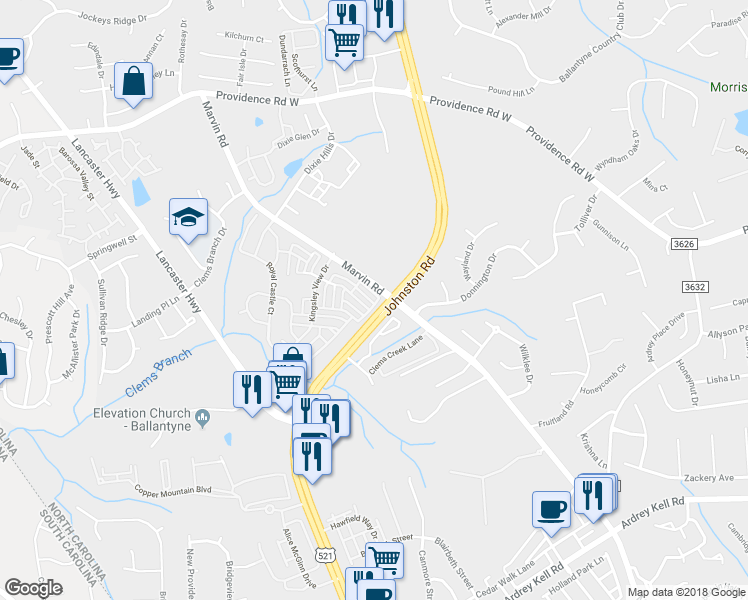 map of restaurants, bars, coffee shops, grocery stores, and more near 15740 Kensington Palace Lane in Charlotte