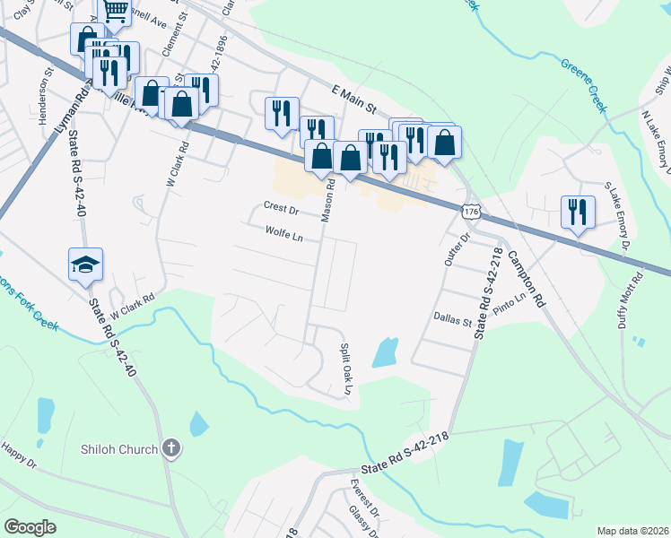 map of restaurants, bars, coffee shops, grocery stores, and more near 404 Mason Road in Inman