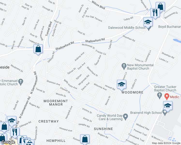 map of restaurants, bars, coffee shops, grocery stores, and more near 3922 Blanchard in Chattanooga