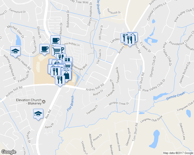 map of restaurants, bars, coffee shops, grocery stores, and more near 6821 Oldecastle Court in Charlotte