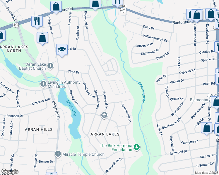 map of restaurants, bars, coffee shops, grocery stores, and more near 5724 Aftonshire Drive in Fayetteville