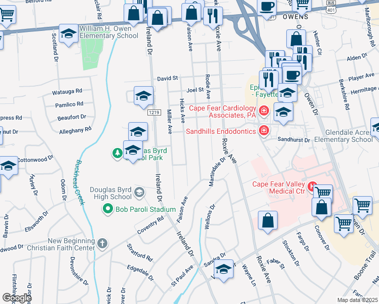 map of restaurants, bars, coffee shops, grocery stores, and more near 907 Hicks Avenue in Fayetteville