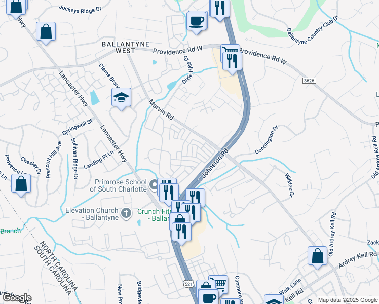 map of restaurants, bars, coffee shops, grocery stores, and more near 12023 Duke Lancaster Drive in Charlotte