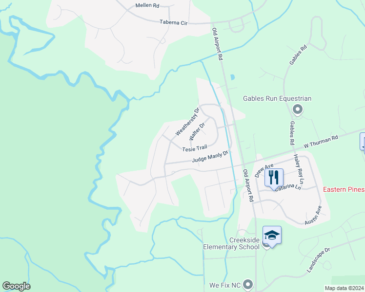 map of restaurants, bars, coffee shops, grocery stores, and more near 2934 Tesie Trail in New Bern