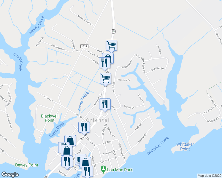 map of restaurants, bars, coffee shops, grocery stores, and more near 1113 Gilgo Road in Oriental