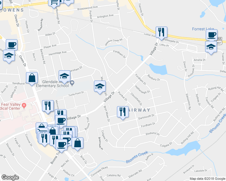 map of restaurants, bars, coffee shops, grocery stores, and more near 5500 Purdue Drive in Fayetteville