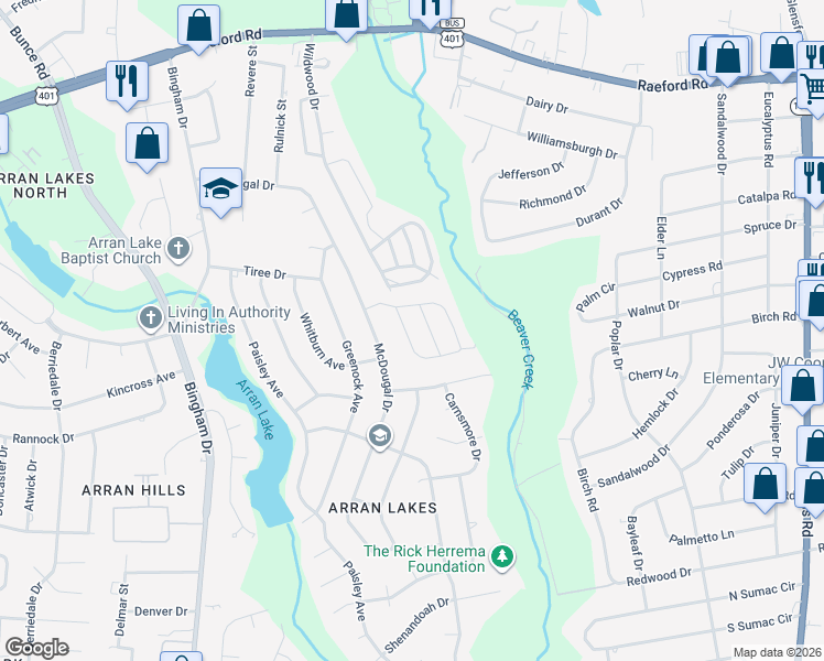 map of restaurants, bars, coffee shops, grocery stores, and more near 5750 Aftonshire Drive in Fayetteville