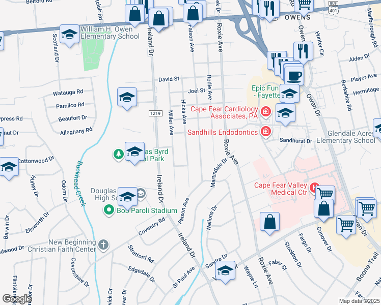 map of restaurants, bars, coffee shops, grocery stores, and more near 907 Hicks Avenue in Fayetteville