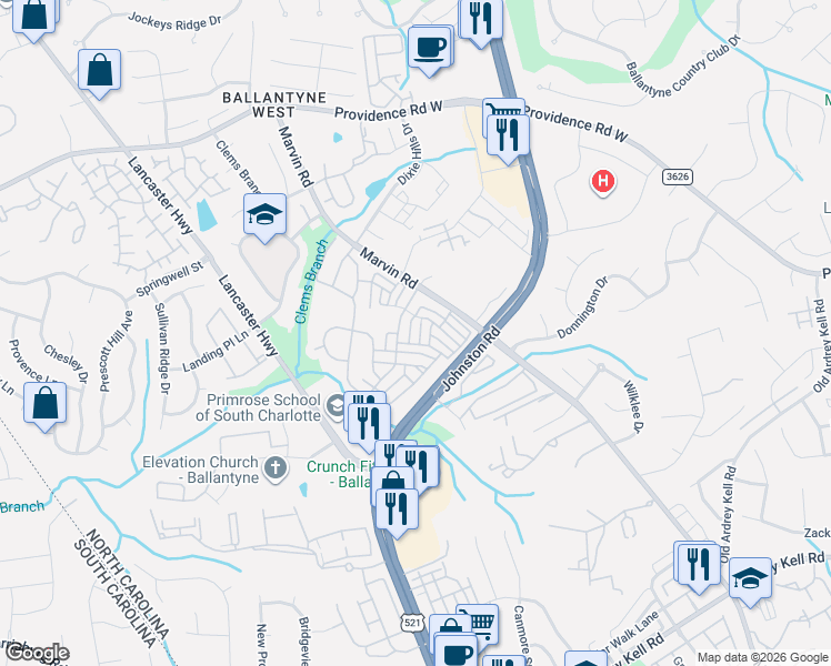 map of restaurants, bars, coffee shops, grocery stores, and more near in Charlotte