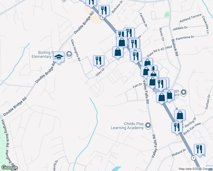 map of restaurants, bars, coffee shops, grocery stores, and more near 9651 Basalt Drive in Boiling Springs