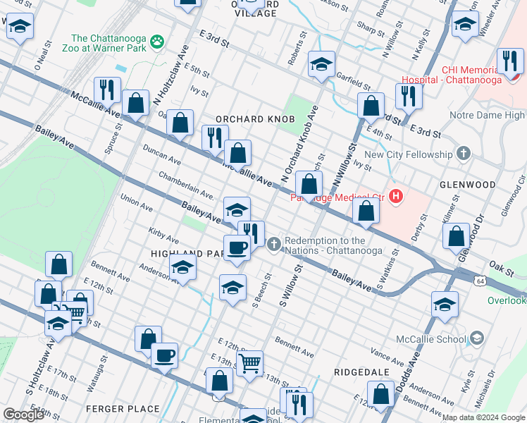 map of restaurants, bars, coffee shops, grocery stores, and more near 1904 Chamberlain Avenue in Chattanooga