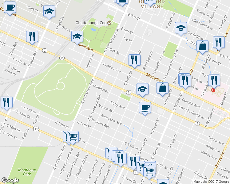 map of restaurants, bars, coffee shops, grocery stores, and more near 1516 Union Avenue in Chattanooga