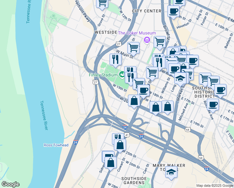 map of restaurants, bars, coffee shops, grocery stores, and more near 2102 Fort Street in Chattanooga