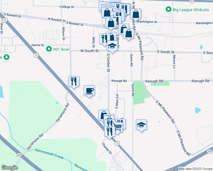 map of restaurants, bars, coffee shops, grocery stores, and more near 406 South Center Street in Collierville