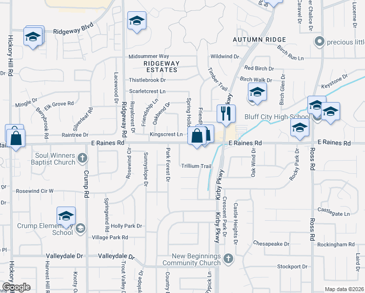 map of restaurants, bars, coffee shops, grocery stores, and more near 6350 Trillium Trail in Memphis