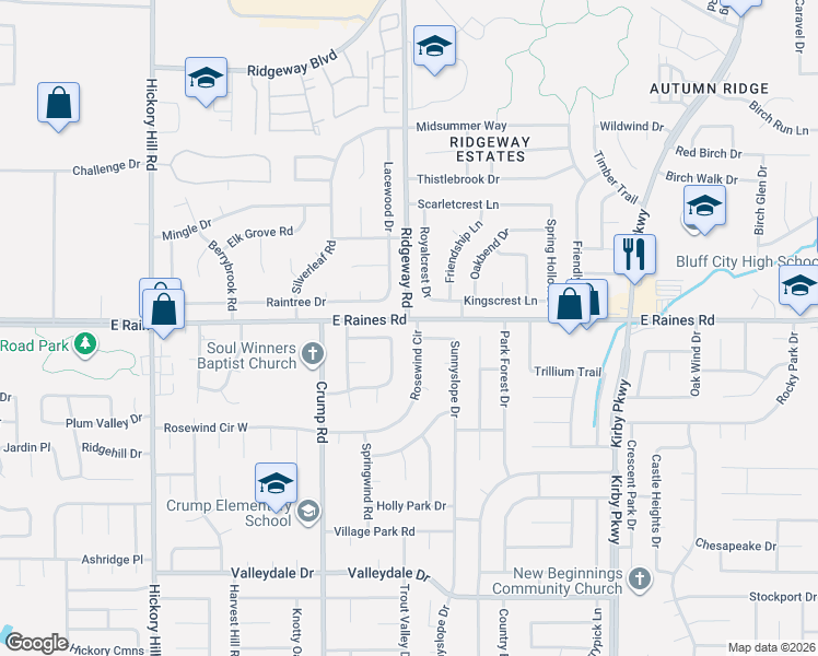 map of restaurants, bars, coffee shops, grocery stores, and more near 4187 Rosewind Circle in Memphis