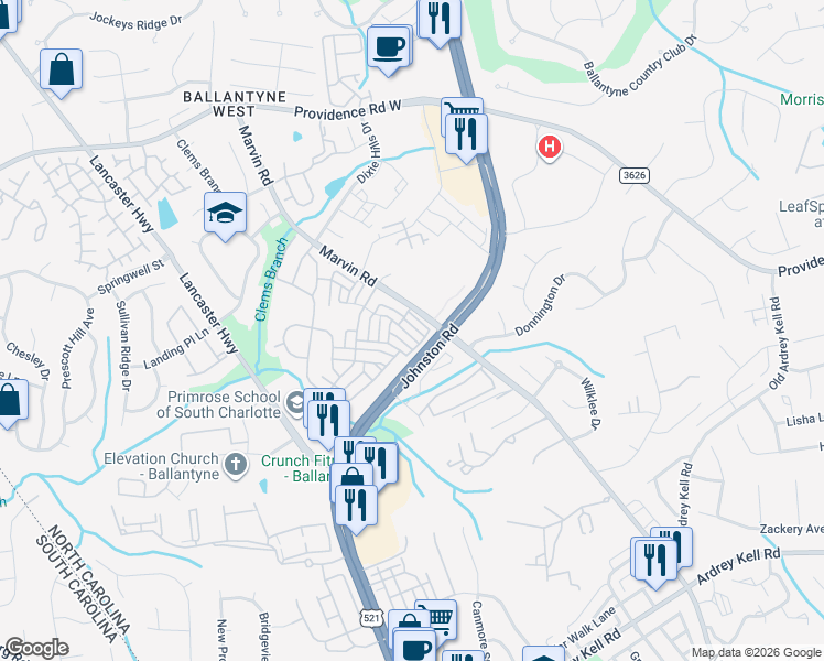 map of restaurants, bars, coffee shops, grocery stores, and more near 15777 Castle Watch Avenue in Charlotte