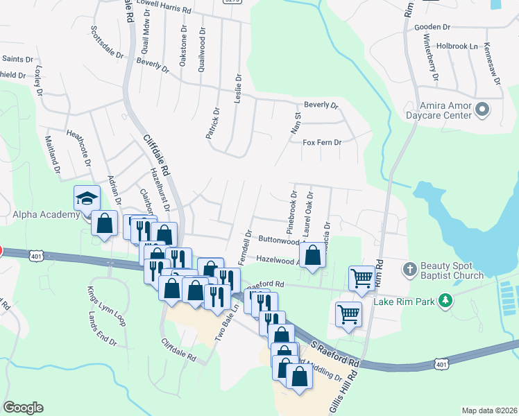 map of restaurants, bars, coffee shops, grocery stores, and more near 1457 Ferndell Drive in Fayetteville