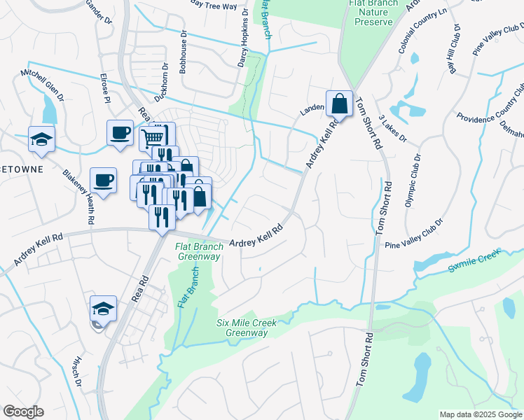 map of restaurants, bars, coffee shops, grocery stores, and more near 6821 Oldecastle Court in Charlotte