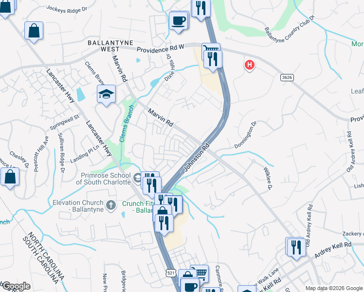 map of restaurants, bars, coffee shops, grocery stores, and more near in Charlotte