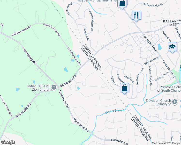 map of restaurants, bars, coffee shops, grocery stores, and more near 4265 Linville Way in Indian Land
