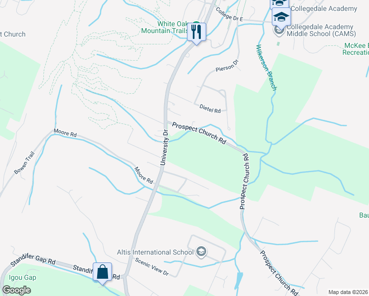 map of restaurants, bars, coffee shops, grocery stores, and more near 10113 College Hill Drive in Collegedale