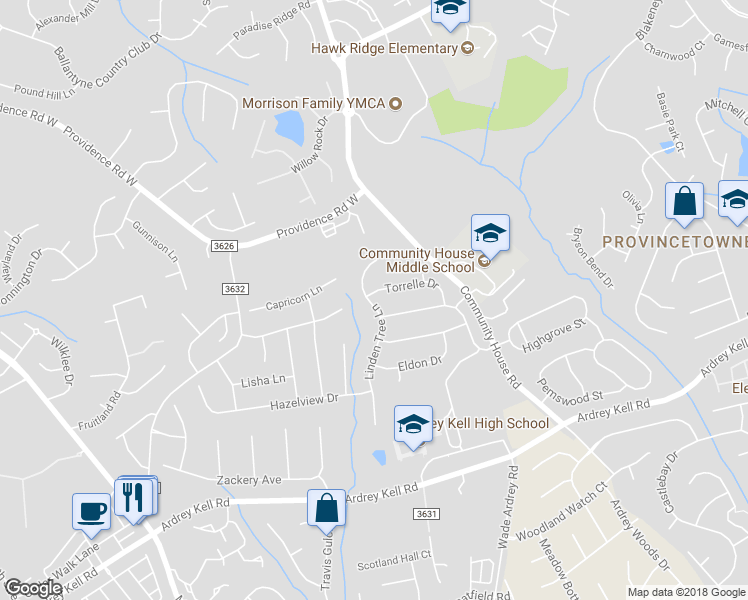 map of restaurants, bars, coffee shops, grocery stores, and more near 10519 Torrelle Drive in Charlotte
