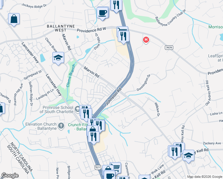 map of restaurants, bars, coffee shops, grocery stores, and more near 15820 Castle Watch Avenue in Charlotte