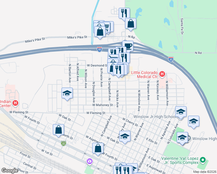 map of restaurants, bars, coffee shops, grocery stores, and more near 517 West Hillview Street in Winslow