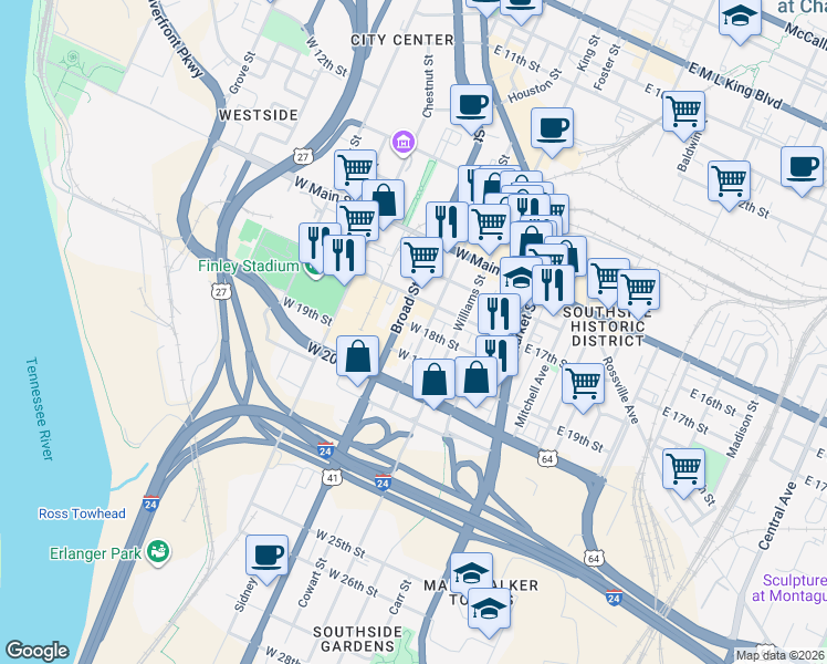 map of restaurants, bars, coffee shops, grocery stores, and more near 322 West 18th Street in Chattanooga