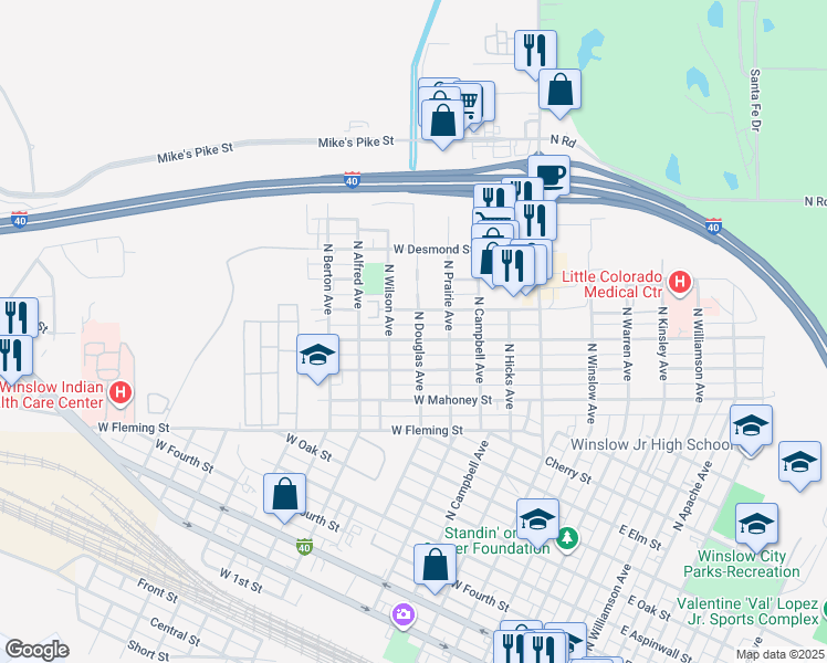 map of restaurants, bars, coffee shops, grocery stores, and more near 803 West Hillview Street in Winslow