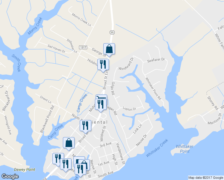 map of restaurants, bars, coffee shops, grocery stores, and more near 1013 Gilgo Road in Oriental