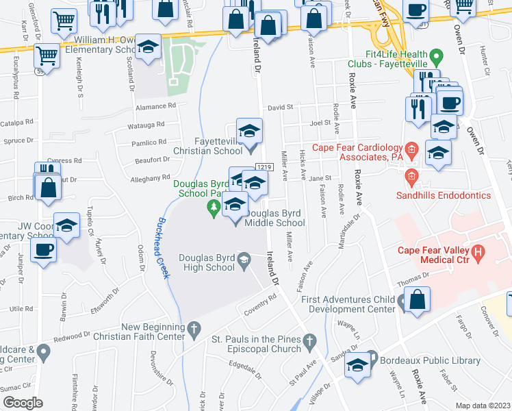map of restaurants, bars, coffee shops, grocery stores, and more near 1606 Ireland Drive in Fayetteville