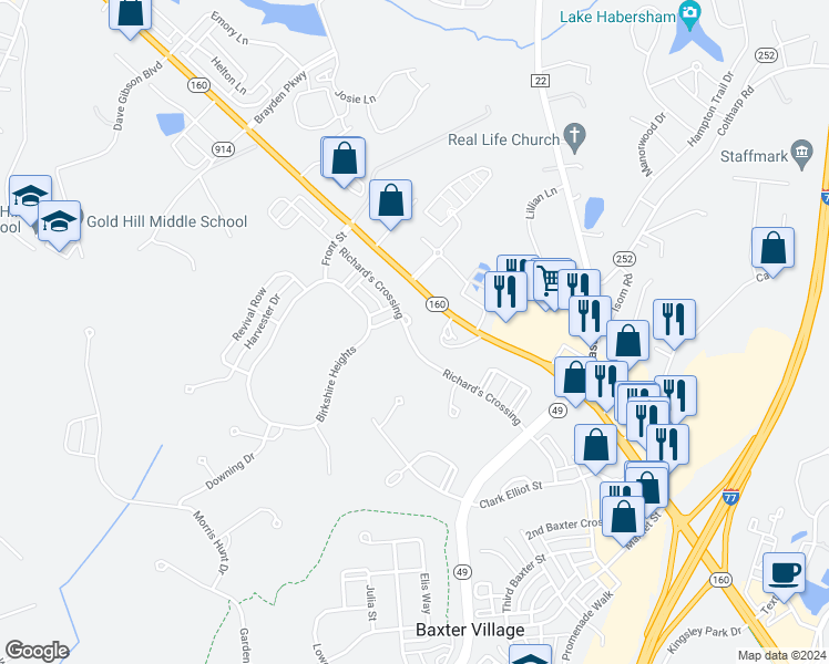 map of restaurants, bars, coffee shops, grocery stores, and more near 716 Bath Court in Fort Mill