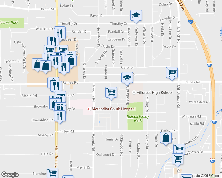 map of restaurants, bars, coffee shops, grocery stores, and more near 1381 East Raines Road in Memphis