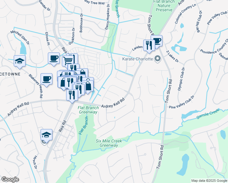 map of restaurants, bars, coffee shops, grocery stores, and more near 6815 Oldecastle Court in Charlotte