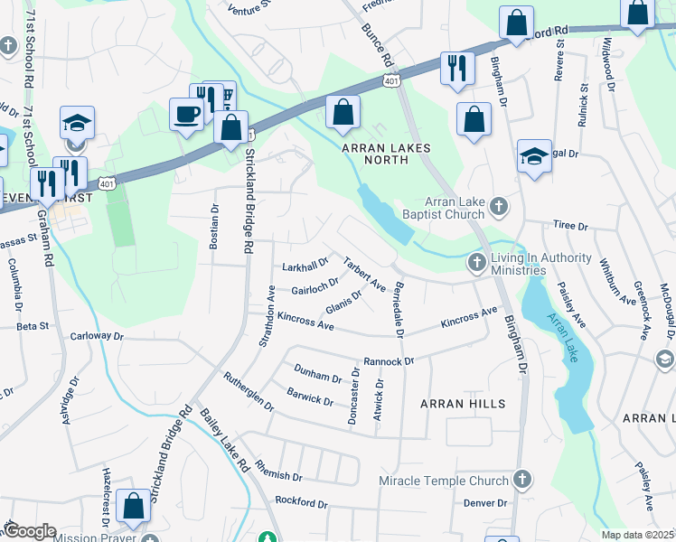 map of restaurants, bars, coffee shops, grocery stores, and more near 6420 Tarbert Avenue in Fayetteville