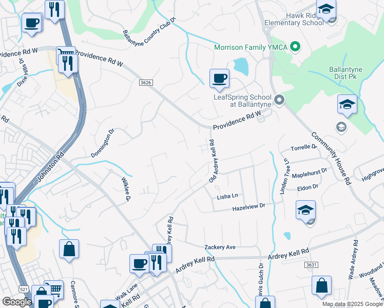 map of restaurants, bars, coffee shops, grocery stores, and more near 10306 Gunnison Lane in Charlotte