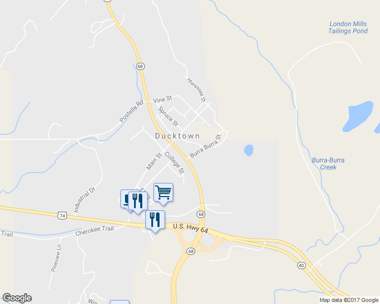 map of restaurants, bars, coffee shops, grocery stores, and more near 1646 Highway 68 in Ducktown