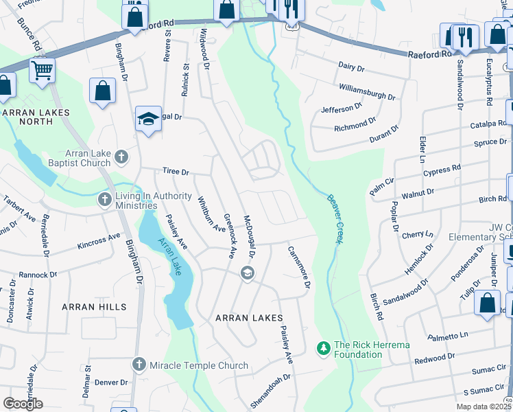 map of restaurants, bars, coffee shops, grocery stores, and more near 5720 Aftonshire Drive in Fayetteville