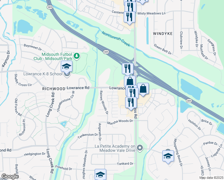 map of restaurants, bars, coffee shops, grocery stores, and more near 7931 Lowrance Road in Memphis