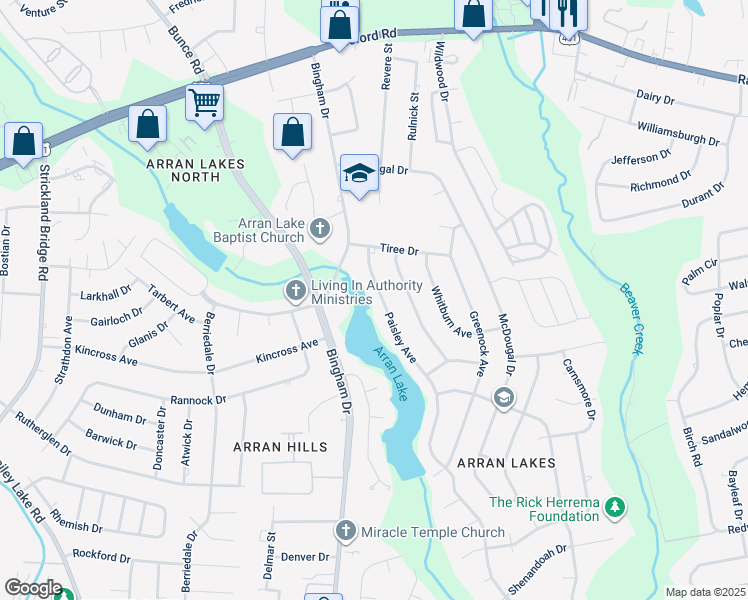 map of restaurants, bars, coffee shops, grocery stores, and more near 1424 Paisley Avenue in Fayetteville