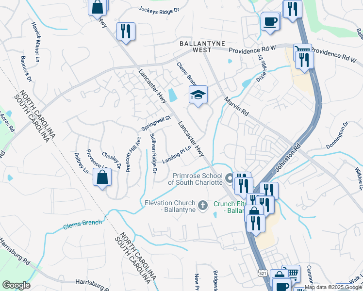 map of restaurants, bars, coffee shops, grocery stores, and more near 15654 Greythorne Drive in Charlotte