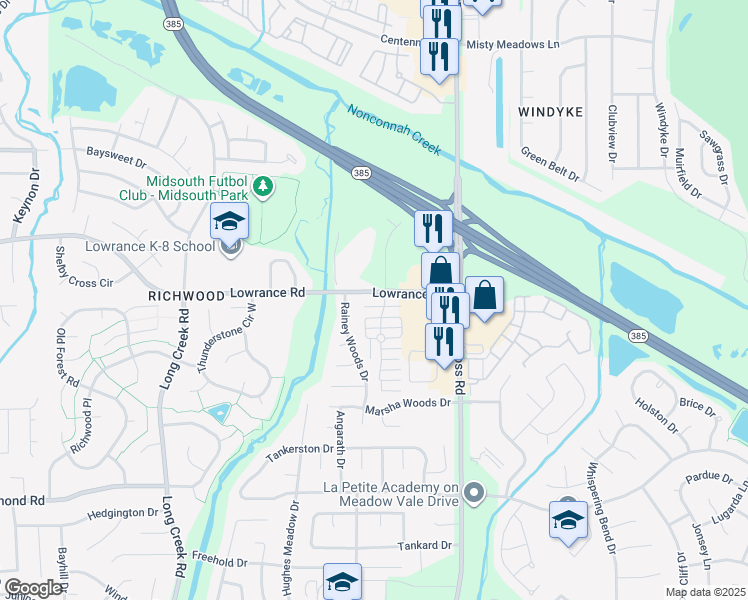 map of restaurants, bars, coffee shops, grocery stores, and more near 7931 Lowrance Road in Memphis