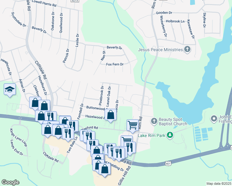 map of restaurants, bars, coffee shops, grocery stores, and more near 1422 Acacia Drive in Fayetteville