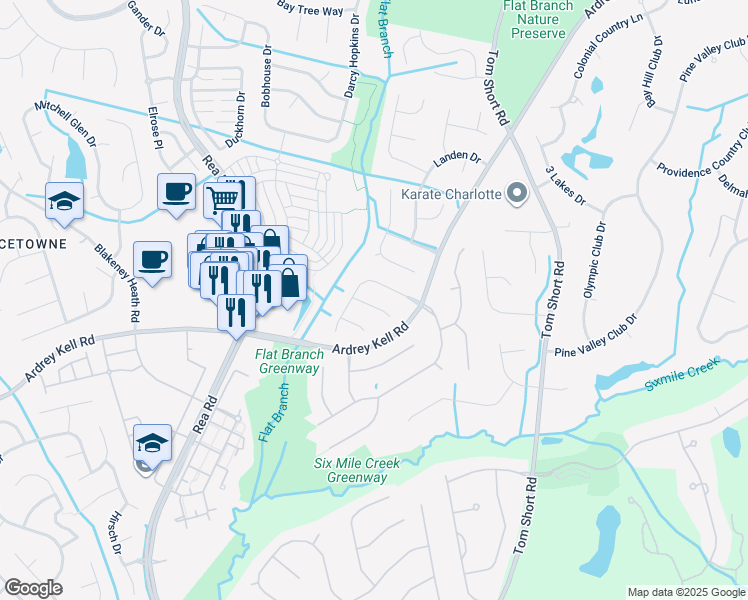 map of restaurants, bars, coffee shops, grocery stores, and more near 6815 Oldecastle Court in Charlotte