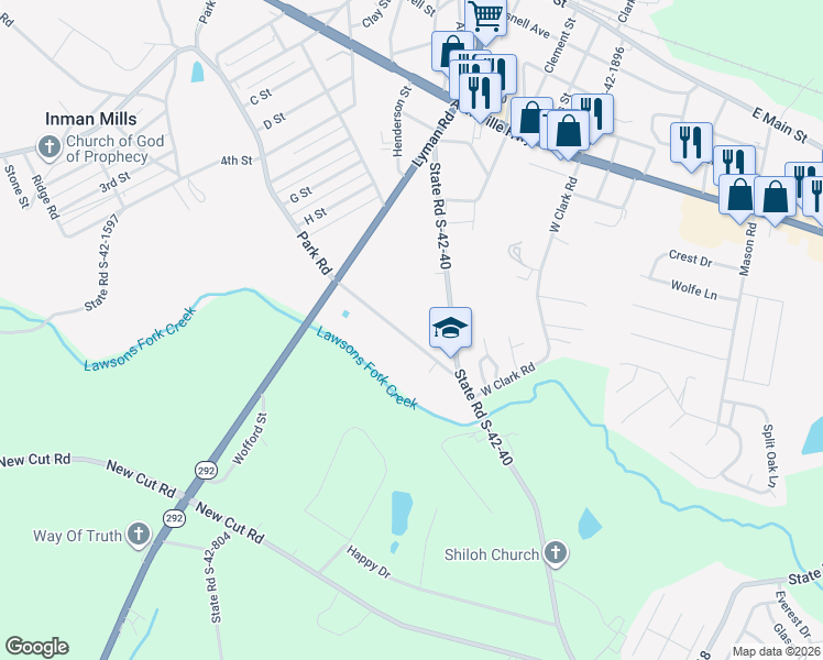 map of restaurants, bars, coffee shops, grocery stores, and more near 1091 Park Road in Inman